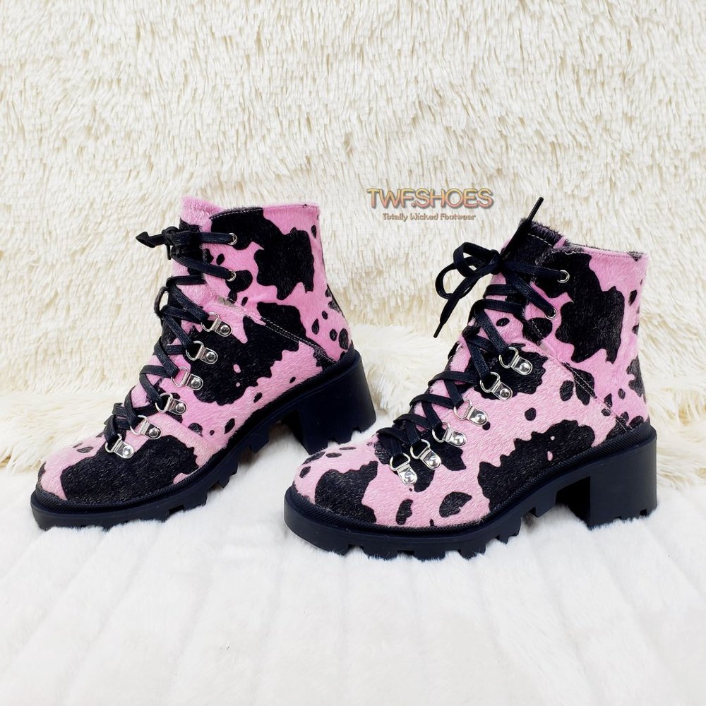 Baby Pink Faux Fur Cow Print Lug Sole Emo Ankle boots - Picture 14 of 14